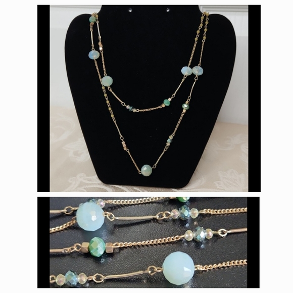 LOFT necklace double strand gold and opal blue green - Picture 1 of 9